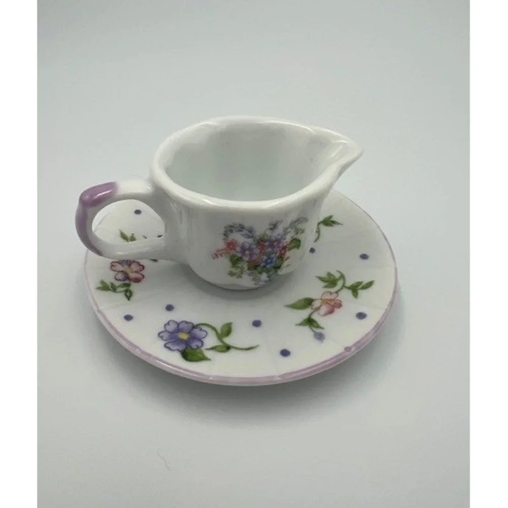 Miniature Floral Porcelain Creamer and Saucer Set Purple White Tea Set Accessory